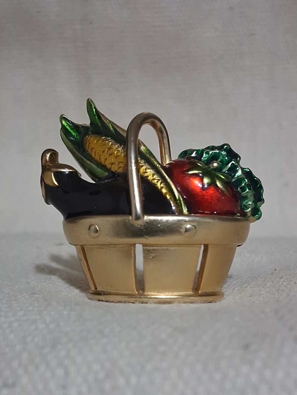 Fall Harvest Gold Basket of  Fruit Enamel Brooch Green and Red